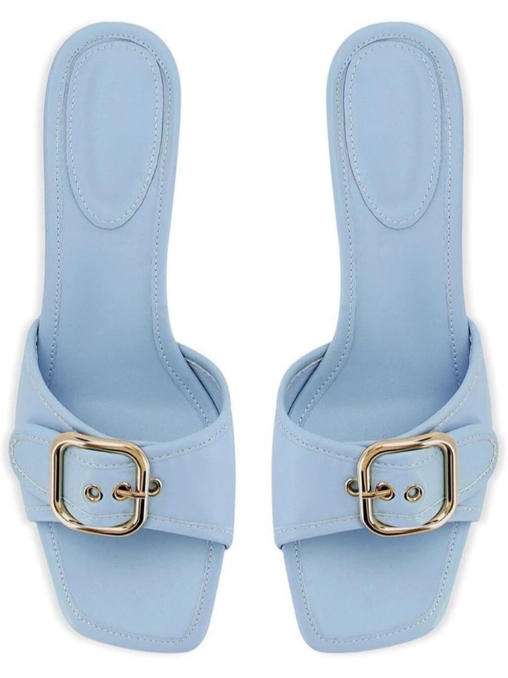 Women's Kitten Heels Stiletto Blue Low Heels Slip On Slides Square Open Toe - Picture 3 of 7